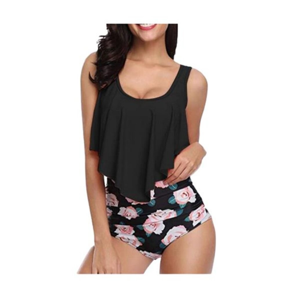 NEW Black Two Piece Ruffled Top Rose High Waisted Tankini Women's L